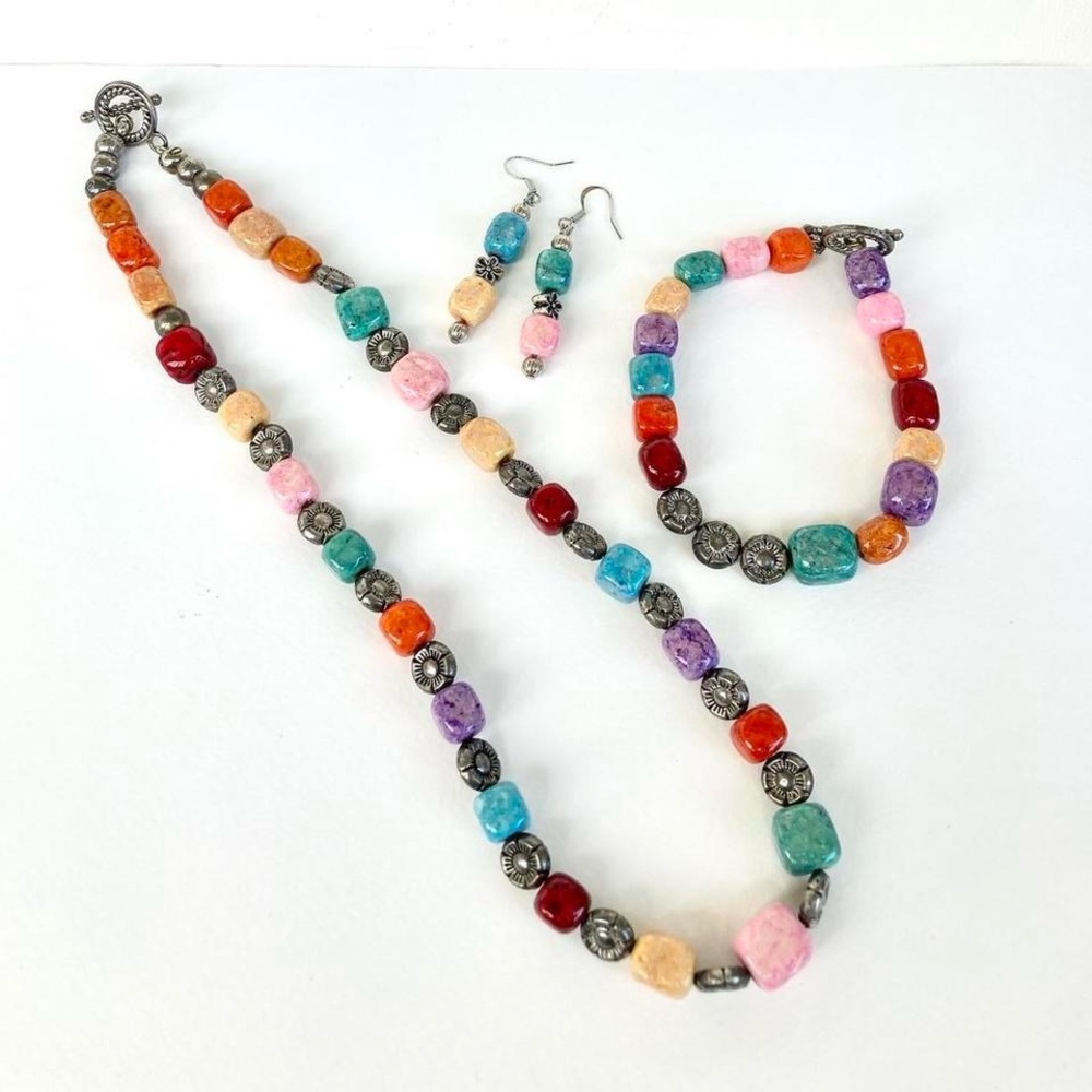 Matching beaded stone rainbow jewelry set necklace bracelet and earrings
